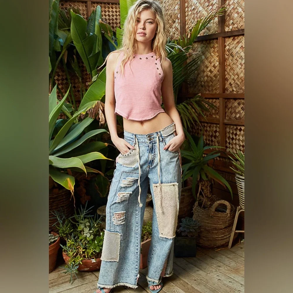 POL Wide-Leg Carpenter Jeans | Metallic Studs Distressed Utility Denim. - Picture 2 of 10